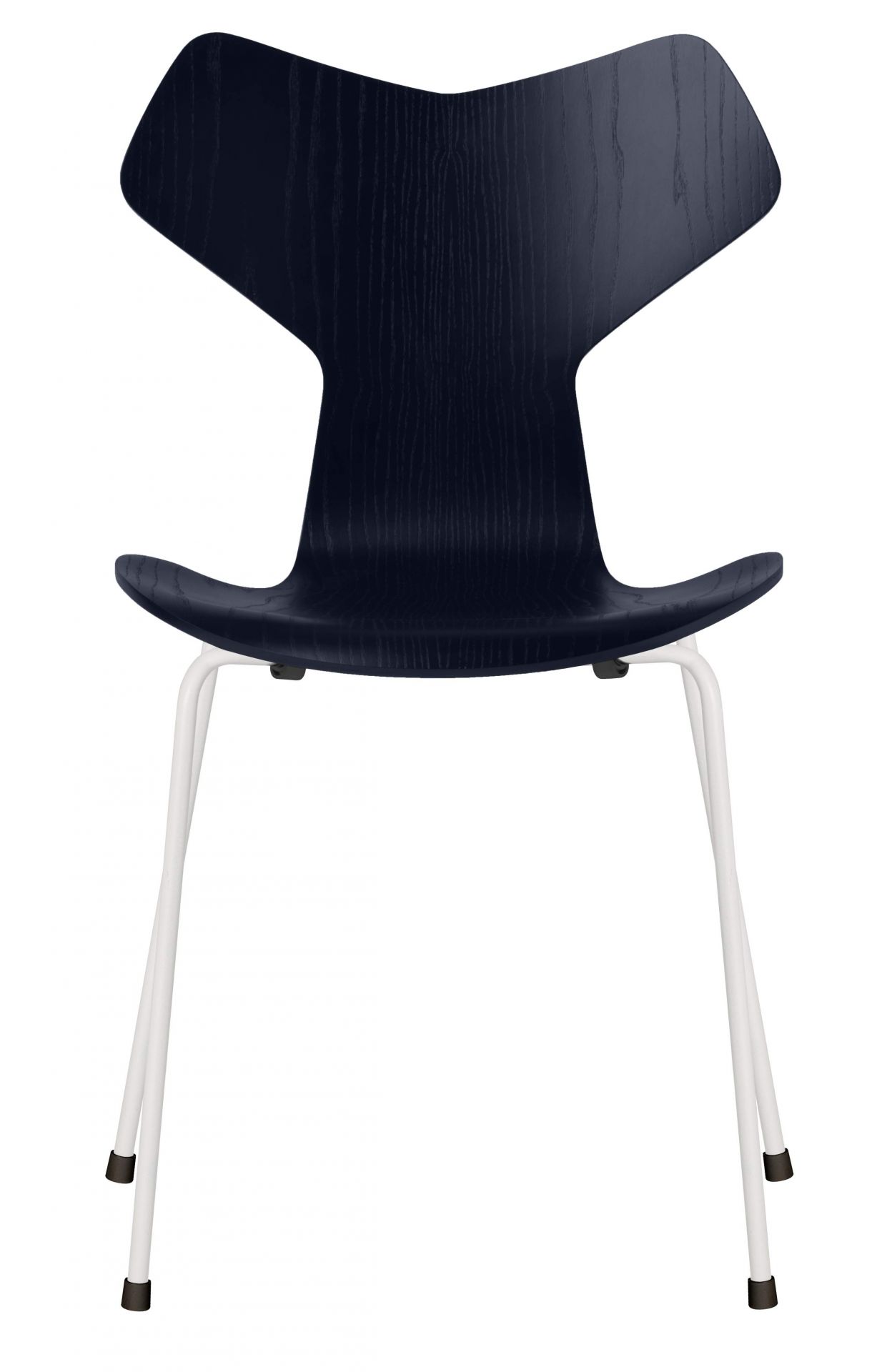 Grand Prix Stuhl von Fritz Hansen mit dunkler Holzschale und weißen Beinen. Designklassiker.